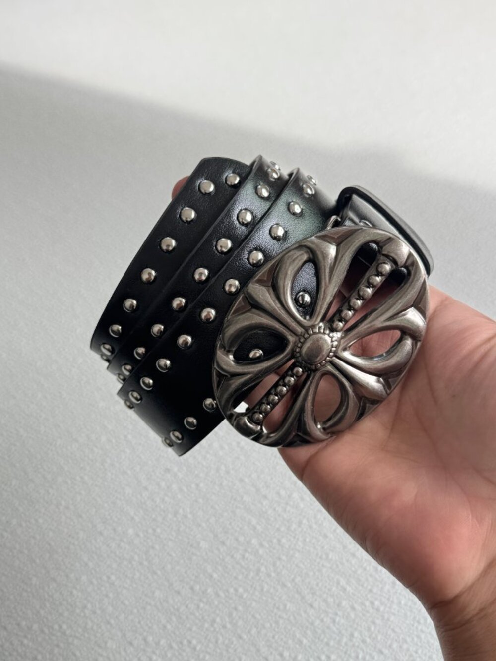 Black Studded Floral Metal Buckle Belt